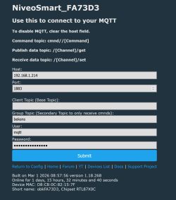 MQTT configuration page for “NiveoSmart_FA73D3” with host, port, user and password fields