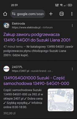 Zrzut ekranu wyników wyszukiwania dla części samochodowej Suzuki.