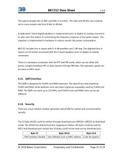 BK7252 Datasheet Excerpt β Audio, QSPI, and Security Features A page from the BK7252 chip datasheet, showing details on sampling, equalizer, QSPI interface, and security functions.