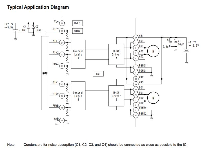 Schemat aplikacyjny sterownika TB6612FNG z kondensatorami i MCU