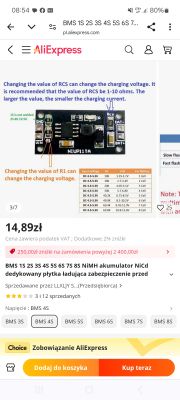 Widok strony AliExpress z modułem ładującym BMS.