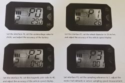 Cztery wyświetlacze LCD z ustawieniami dotyczącymi elektronicznego panelu kontrolnego skutera.