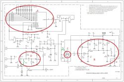 Schemat ideowy płytki unifonu LM-8 z zaznaczonymi sekcjami A, B, C i D.