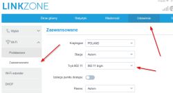 Zrzut ekranu panelu LINKZONE z ustawieniami Wi‑Fi „Zaawansowane” i strzałkami wskazującymi opcje