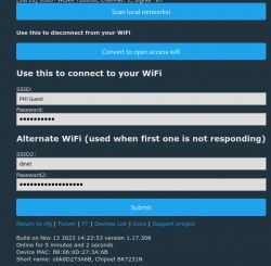 WiFi configuration screen with fields for SSID and password.