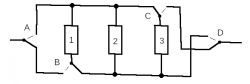 Schemat elektryczny z trzema przekaźnikami oznaczonymi 1, 2, 3 oraz przełącznikami A, B, C, D.