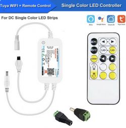 Tuya WIFI LED Controller with Remote for Single Color LED Strips Tuya WIFI LED controller set with remote control for single color LED strips, including cables, connectors, and a remote with large buttons.