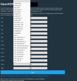 OpenESP UI screenshot with dropdown menu and configurable IO and ADC pins