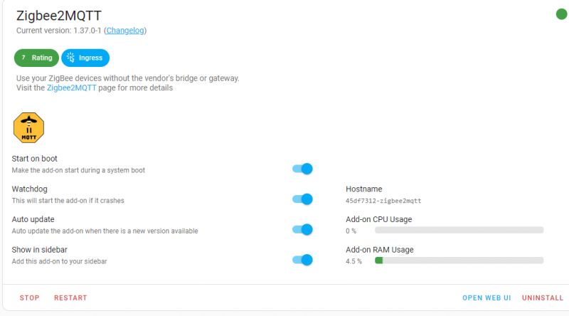 Zigbee2MQTT add-on interface in Home Assistant.