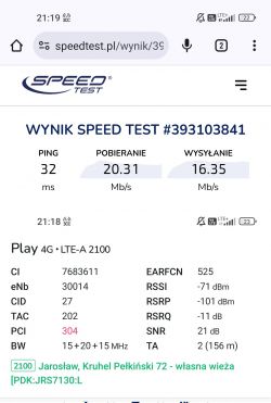Zrzut ekranu z wynikami testu prędkości internetu z Play 4G LTE-A 2100, zawierający informacje o pingu, prędkości pobierania i wysyłania oraz parametry sygnału.