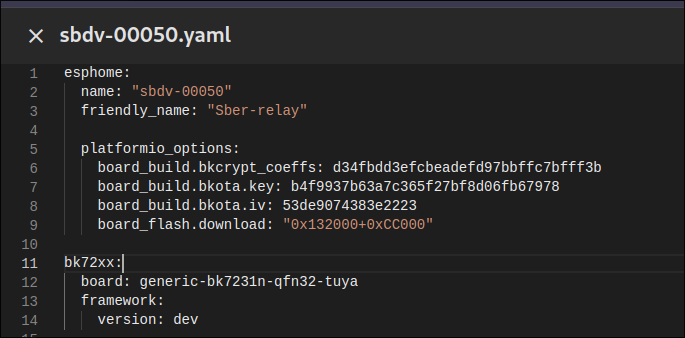 Screenshot of a YAML file named sbdv-00050.yaml with a configuration for esphome.