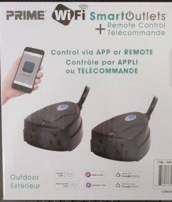Packaging of a WiFi smart outlet with remote control and app functionality.