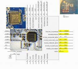 Diagram and photos of PCB with highlighted pins of the BK7231T chip.