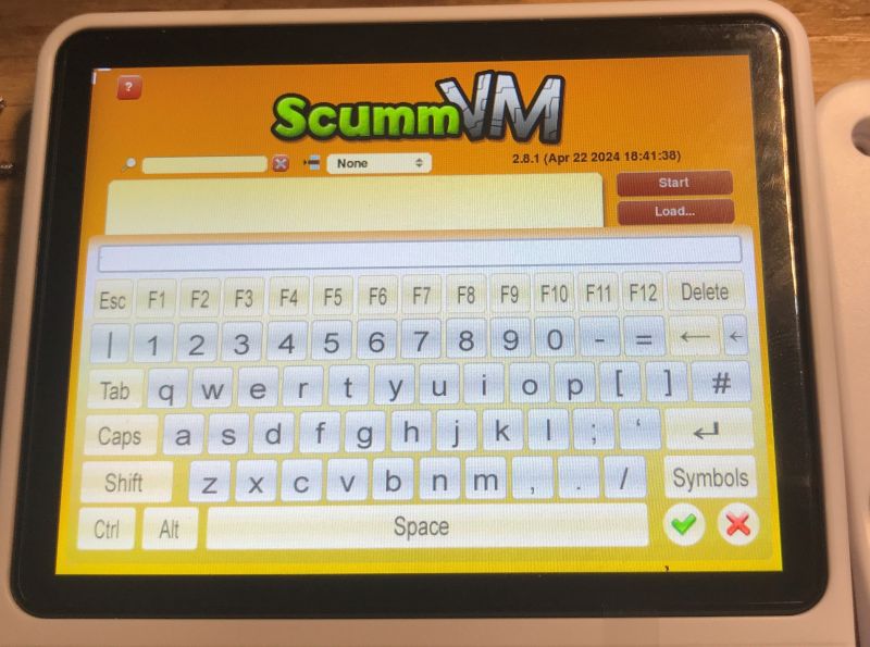 R36S console screen showing ScummVM with on-screen QWERTY keyboard