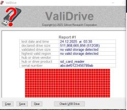 Zrzut ekranu z programu ValiDrive pokazujący brak wykrytej pamięci na karcie 512 GB
