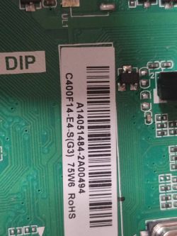 TV Mainboard with Barcode Close-up of a TV mainboard with a barcode sticker.