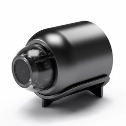 Black modern car camera in a sleek case on a white background.