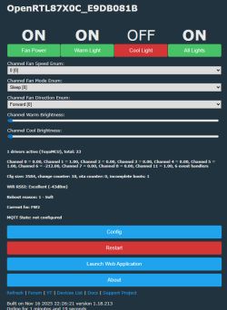 OpenRTL87X0C web interface showing fan and light status controls