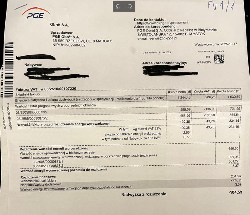 Faktura PGE z rozliczeniem energii pobranej i wprowadzonej, z nadwyżką -104,59 zł