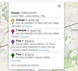 Lista nadajników sieci komórkowych w miejscowości Krasne wraz z obsługiwanymi pasmami i współrzędnymi GPS.