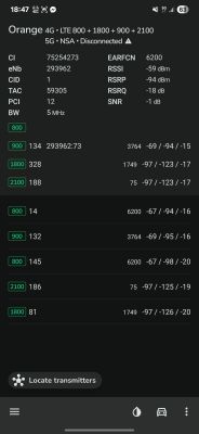 Zrzut ekranu z aplikacji NetMonster pokazujący parametry sygnału sieci Orange LTE.