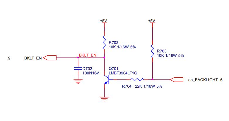Electrical Schematic with BKLT_EN Signal and Transistor Electrical schematic with transistor and resistors for BKLT_EN signal.