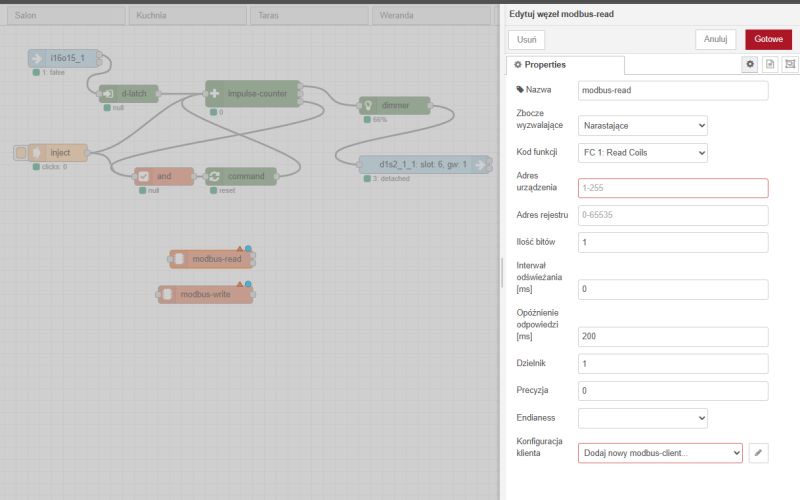 Node-RED Editor with modbus-read Node Configuration Screenshot of Node-RED editor with the properties window open for the modbus-read node.