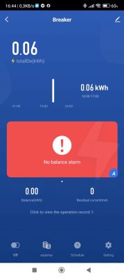 Mobile App Energy Consumption Screenshot Screenshot of a mobile app displaying electricity consumption in kWh and a no balance alarm.