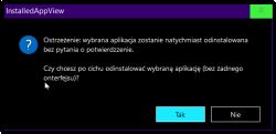 Okno dialogowe programu InstalledAppView z ostrzeżeniem o odinstalowaniu aplikacji