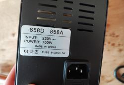 View of the power label on the 858D/858A model device.