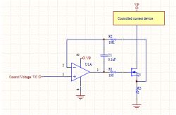 Schemat: wzmacniacz operacyjny steruje bramką MOSFET Q1 z pętlą R2 10k i C1 0,1 µF