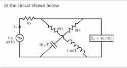 Electrical circuit diagram with a capacitor, inductor, resistors, and a 50 Hz voltage source.
