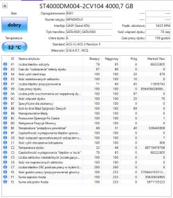 Zrzut ekranu z programu diagnostycznego pokazujący parametry dysku twardego Seagate 4TB.