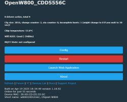 OpenW800 device control panel with configuration, restart, and web application launch options.