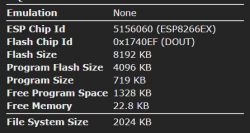 Screenshot showing hardware specifications of ESP8266EX, including 8MB flash memory capacity.