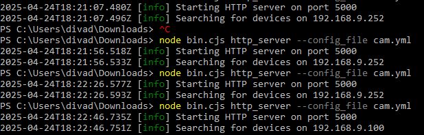 Screenshot of a terminal showing logs from running an HTTP server and searching for devices on a local network using the bin.cjs script.