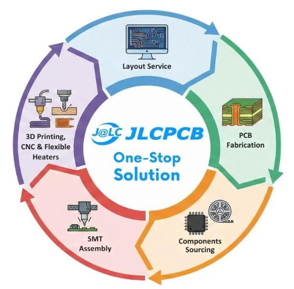 Circular diagram of JLCPCB services: layout, PCB fabrication, SMT, and others