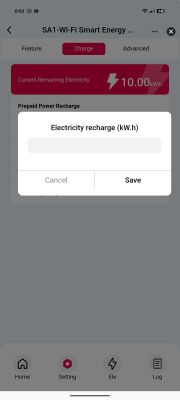 Smart energy app screen showing 10 kWh remaining and an electricity recharge input window.