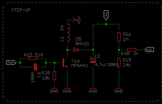 Boost Converter Schematic for Nixie Clock Electrical schematic of a Boost converter for powering Nixie tubes.