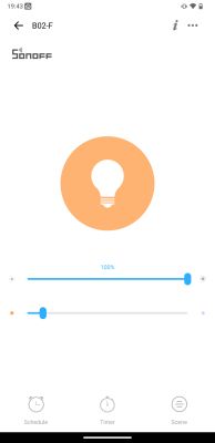 eWeLink app screen controlling a Sonoff bulb, with the brightness slider set to 100%.