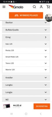Lista marek i modeli motocykli na stronie Gmoto z przyciskiem Wybierz Pojazd.