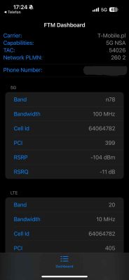 Zrzut ekranu z aplikacji FTM Dashboard pokazujący informacje o połączeniu 5G i LTE w sieci T-Mobile.