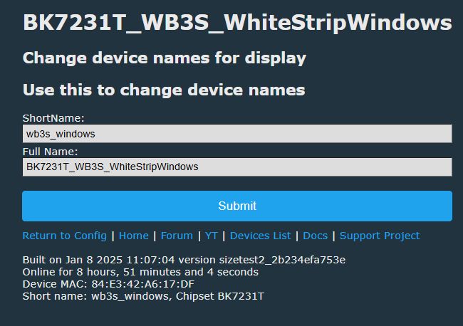 Interface for changing device names for BK7231T_WB3S_WhiteStripWindows with fields for entering short and full names.