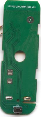 Green PCB labeled “C1118_L2_W1_TEMP_HUM_V1.3” with K1 switch/button and mounting hole