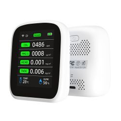 White air quality measurement device with a display showing values for CO2, PM2.5, HCHO, and TVOC.