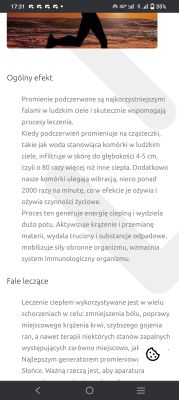 Zdjęcie strony internetowej z tekstem o promieniach podczerwonych i ich wpływie na leczenie.