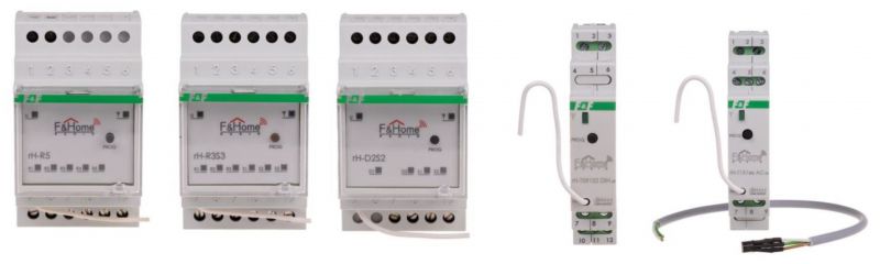F&Home Electrical Devices F&Home electrical devices in a row, including relay and interface modules.