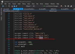 Screenshot of source code in Microsoft Visual Studio, highlighting a line of code using freeglut.lib.