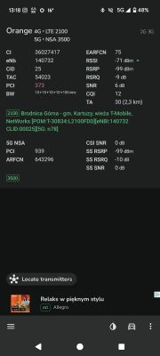 Zrzut ekranu z aplikacji pokazujący szczegóły połączenia 4G i 5G sieci Orange