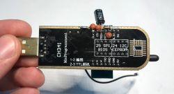 CH341 programmer with USB plug and labeled SPI/I2C memory pins